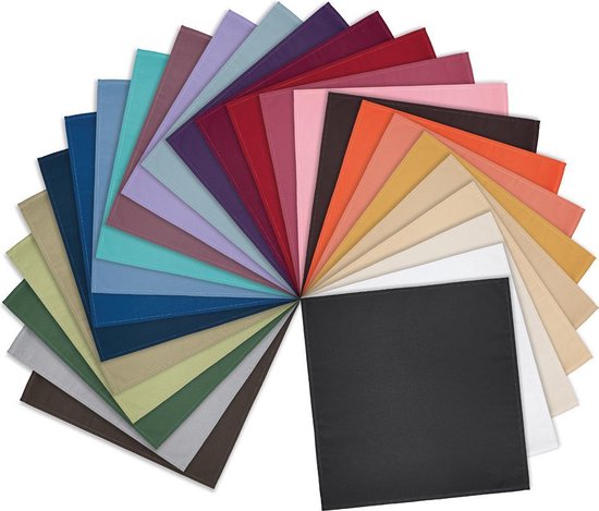 Een waaier van 30 stoffen servetten in verschillende kleuren, inclusief zwart en wit.