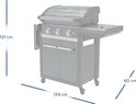 Grijze Campingaz barbecue met afmetingen 121cm hoog, 124cm breed en 60cm diep.