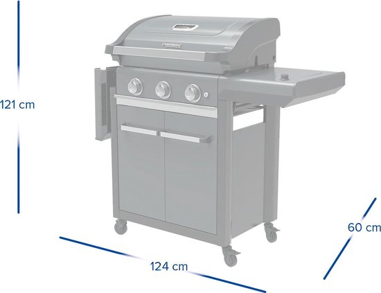 Grijze Campingaz barbecue met afmetingen 121cm hoog, 124cm breed en 60cm diep.