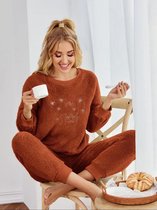 MKL - Dames nachthemd - Schattig Lounge Pullovers Pyjama nachtkleren - Polyester - Kleur Roestbruin - Ochtendjas / Ochtendpyjama - Nachthemd - Nachtbadjas - Set van broek en trui- Maat S