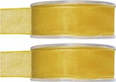 2x Hobby/decoratie gele organza sierlinten 2,5 cm/25 mm x 20 meter - Cadeaulint organzalint/ribbon - Striklint linten geel