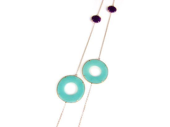 Zilveren halsketting halssnoer collier roos goud verguld Model Modern Mix gezet met blauwe en paarse stenen