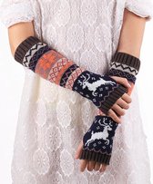 Polswarmers met rendieren - Scandinavische winter armwarmers donkerbruin- Gebreide vingerloze lange handschoenen - Dames