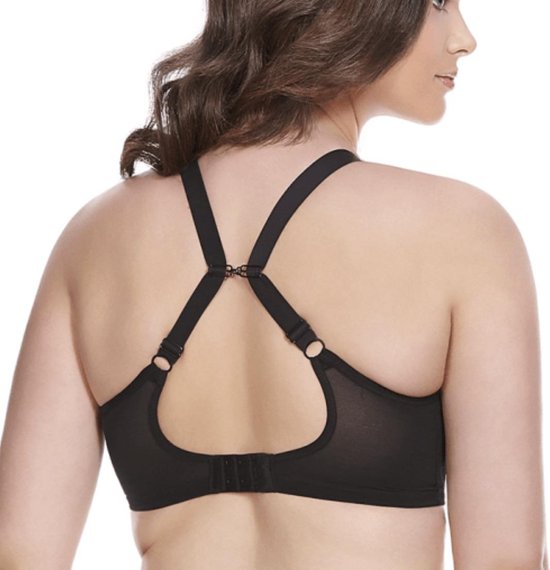 Zwarte bh met een racerback-sluiting aan de achterzijde, gedragen door een model.