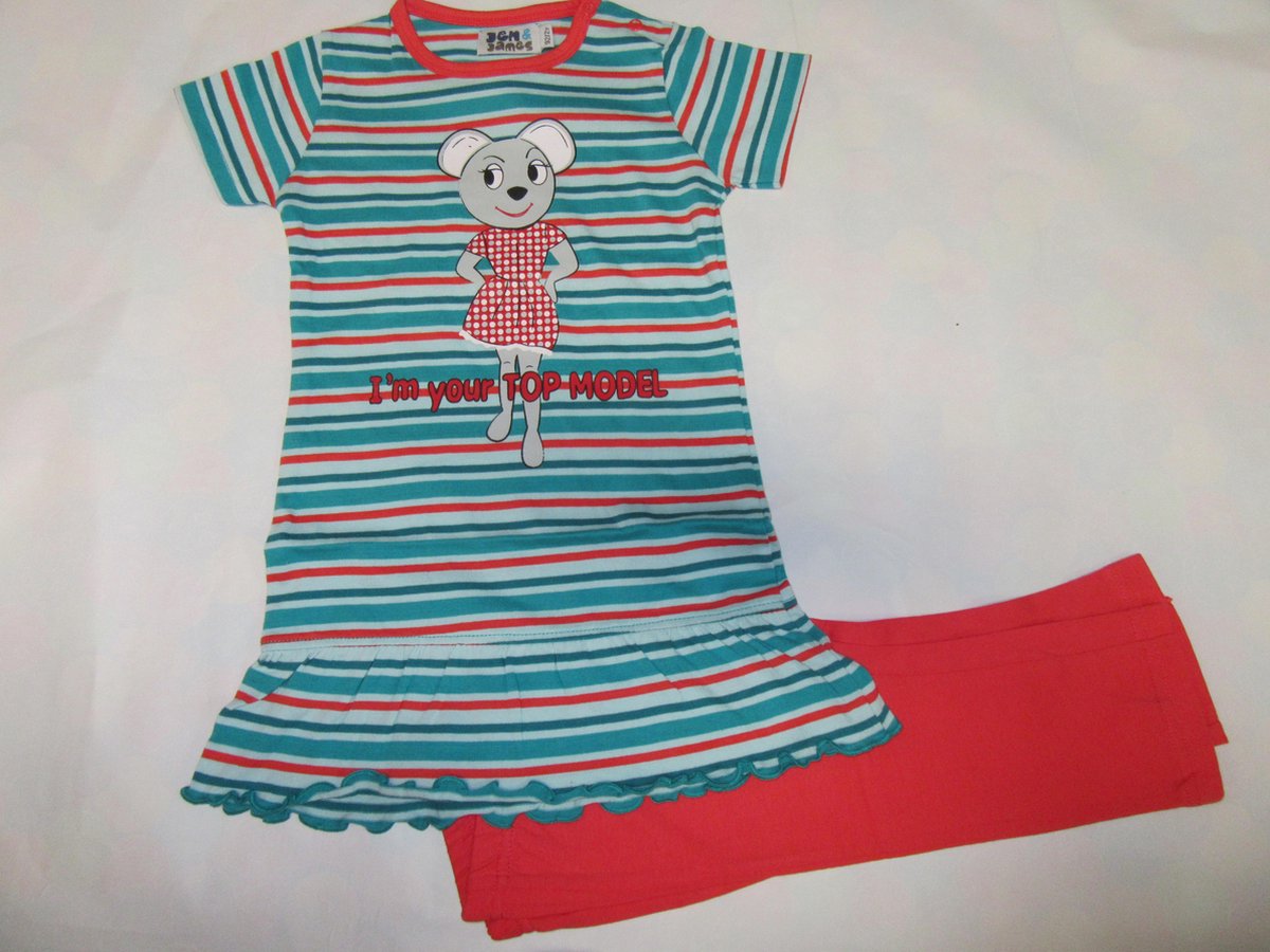 Wiplala Jen & James - Zomer pyjama - Meisje - Streep, muis - 4 jaar 104 groen , rood