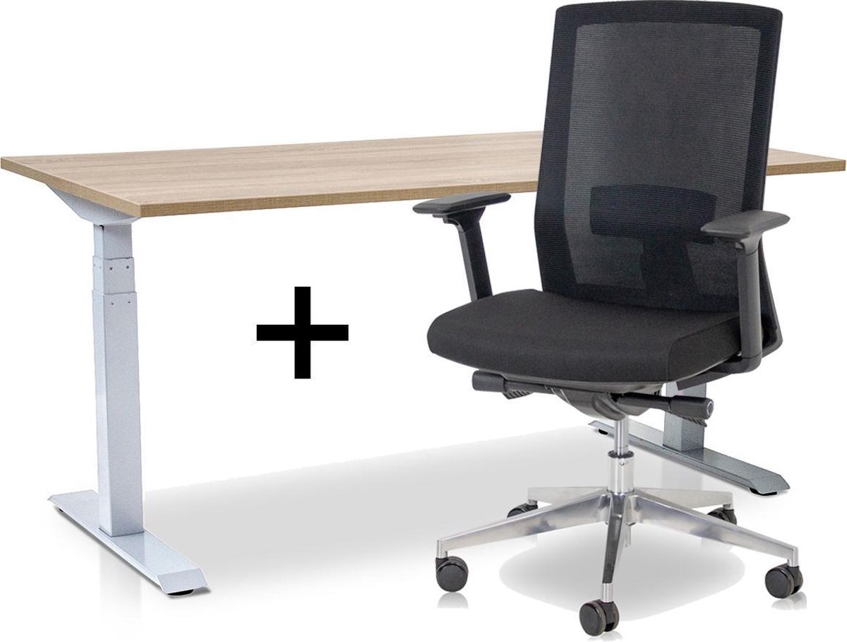 Zit-sta bureau elektrisch verstelbaar + ERGO Bureaustoel | MRC PRO NEN-EN 527 Thuiswerkset | frame bureau wit - bureaublad midden eiken| 140x80 cm