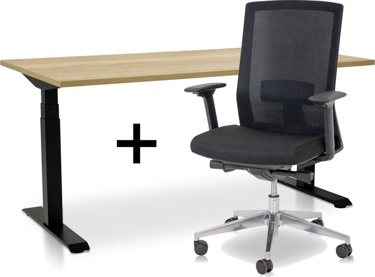 Lineaflex MRC Zit-sta bureau elektrisch verstelbaar + ERGO Bureaustoel | ARBO PRO NEN-EN 527 Thuiswerkset | frame bureau zwart - bureaublad robuust eiken | 120x80 cm Zwart bureauframe