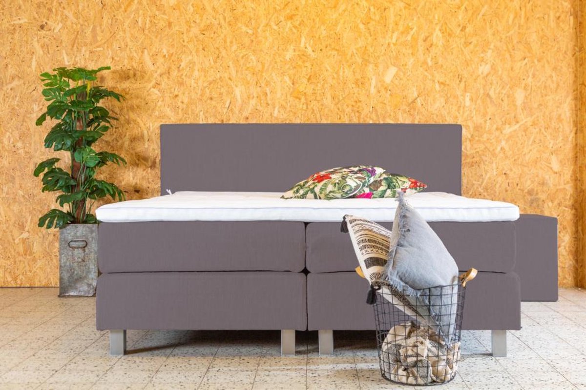 PITT Boxspring Vlegel 180x200 cm - Taupe stof - Geveerde box - Pocketvering matras - HR topper 5cm