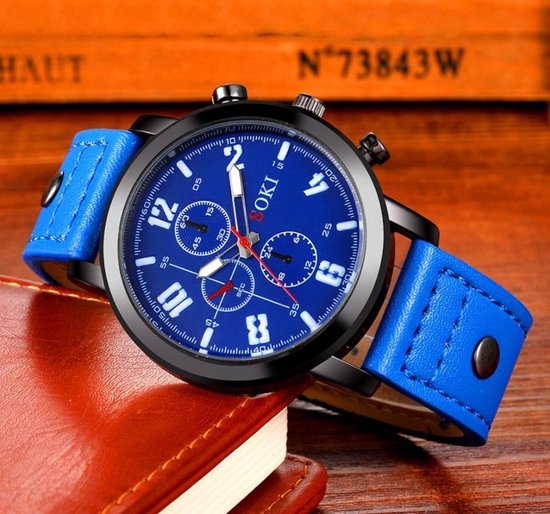 Soki - casual heren horloge - kleur blauw 45 mm - I-deLuxe verpakking | bol