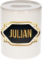 Julian naam cadeau spaarpot met gouden embleem - kado verjaardag/ vaderdag/ pensioen/ geslaagd/ bedankt