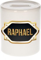 Raphael naam cadeau spaarpot met gouden embleem - kado verjaardag/ vaderdag/ pensioen/ geslaagd/ bedankt