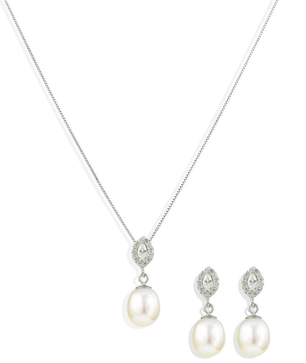 PROUD PEARLS® Set van zilveren ketting en oorbellen met parels en zirkonia