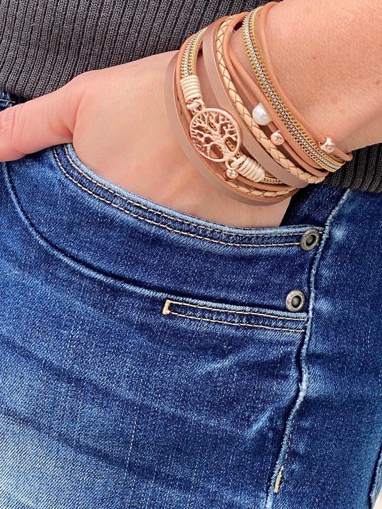 Bracelet dames en or rose 19,5 cm - bracelet en cuir design Galeara rose avec des nuances de sable dames arbre de vie Galeara design