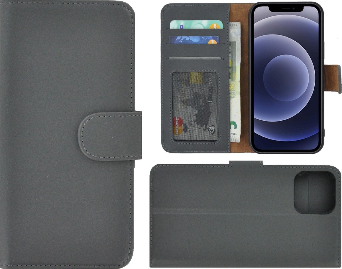 iPhone 12 Mini hoesje - Bookcase - Portemonnee Hoes Echt leer Wallet case Grijs