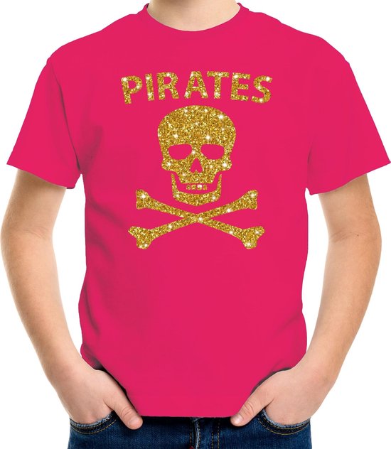 Piraten verkleed shirt goud glitter roze voor kinderen - piraten kostuum - Verkleedkleding 110/116