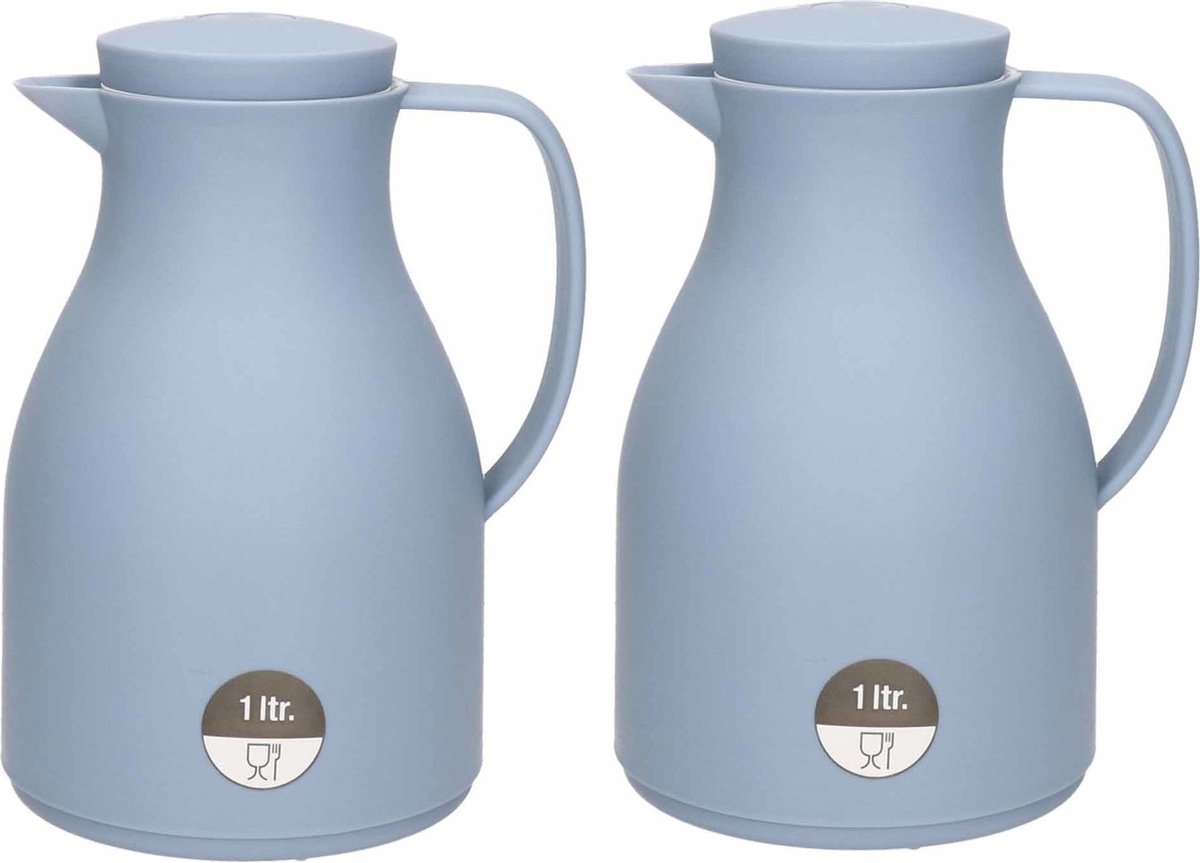Isoleerkan - 2x - blauw - met drukknop - 1 liter - Koffiekan - thermoskan - warmhoud kan - voor o.a. op de camping/onderweg