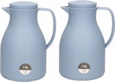 2x Koffiekannen/isoleerkannen blauw met drukknop 1 liter - 1 liter - Keukenbenodigdheden - Koffie/thee kannen voor o.a. op de camping/onderweg