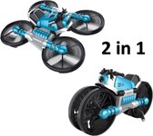 B-Joy 2 in 1 Handgestuurde draadloze bestuurbare Motor en Quadcopter - Vliegende Drone transformeert naar Rijdende Motor | Kleur blauw