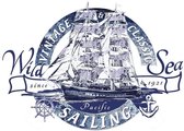 Zeilboot Classic Sailing Tekst Vintage Strijk Applicatie 28 cm / 20 cm / Blauw Wit