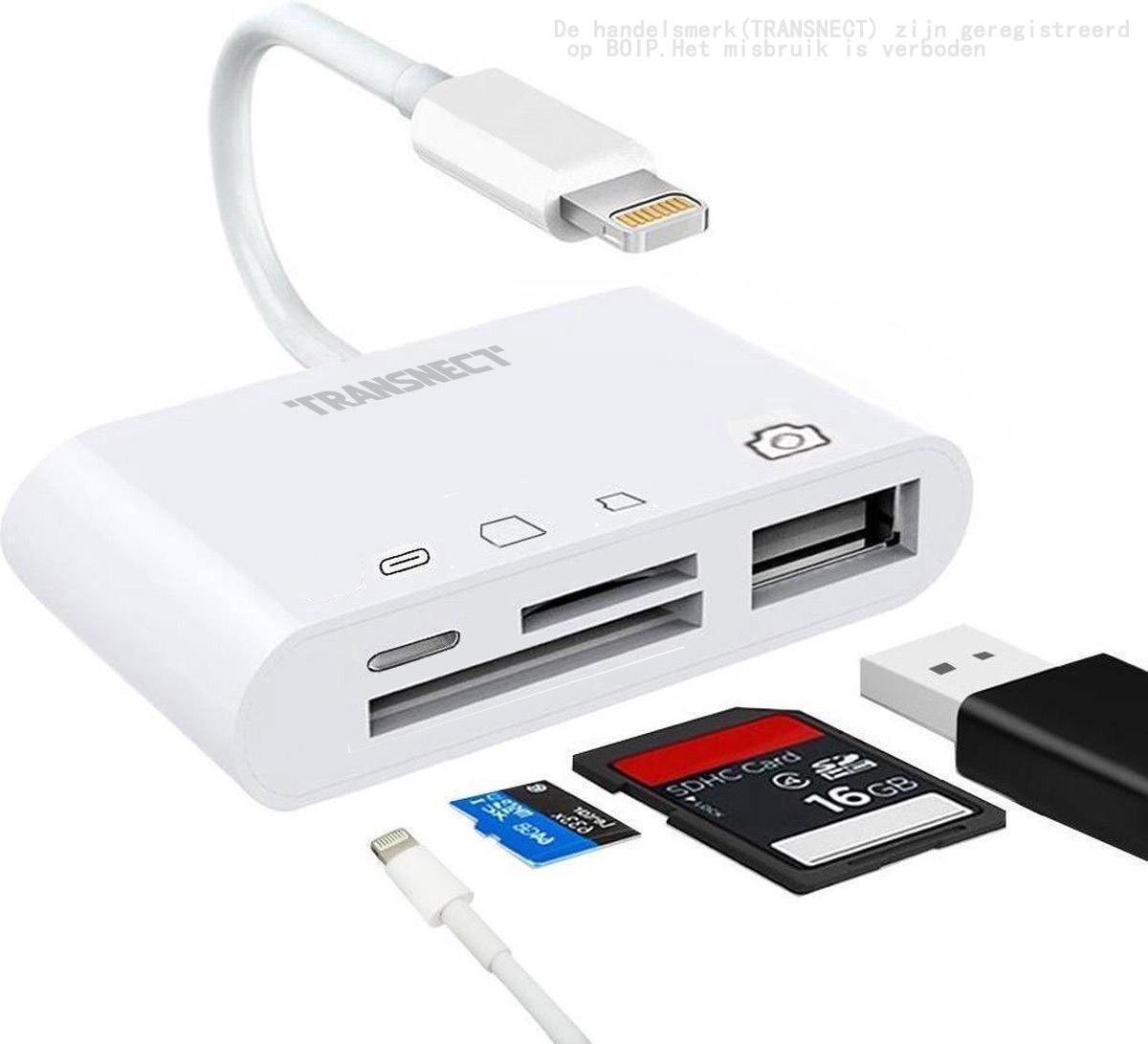 iPad Air, Mini, Pro lightning, iphone / 8 pins Camera Connection Kit 4 in 1, Card Reader met USB ingang en SD Kaartlezer, 4-in-1 Reader - TRANSNECT