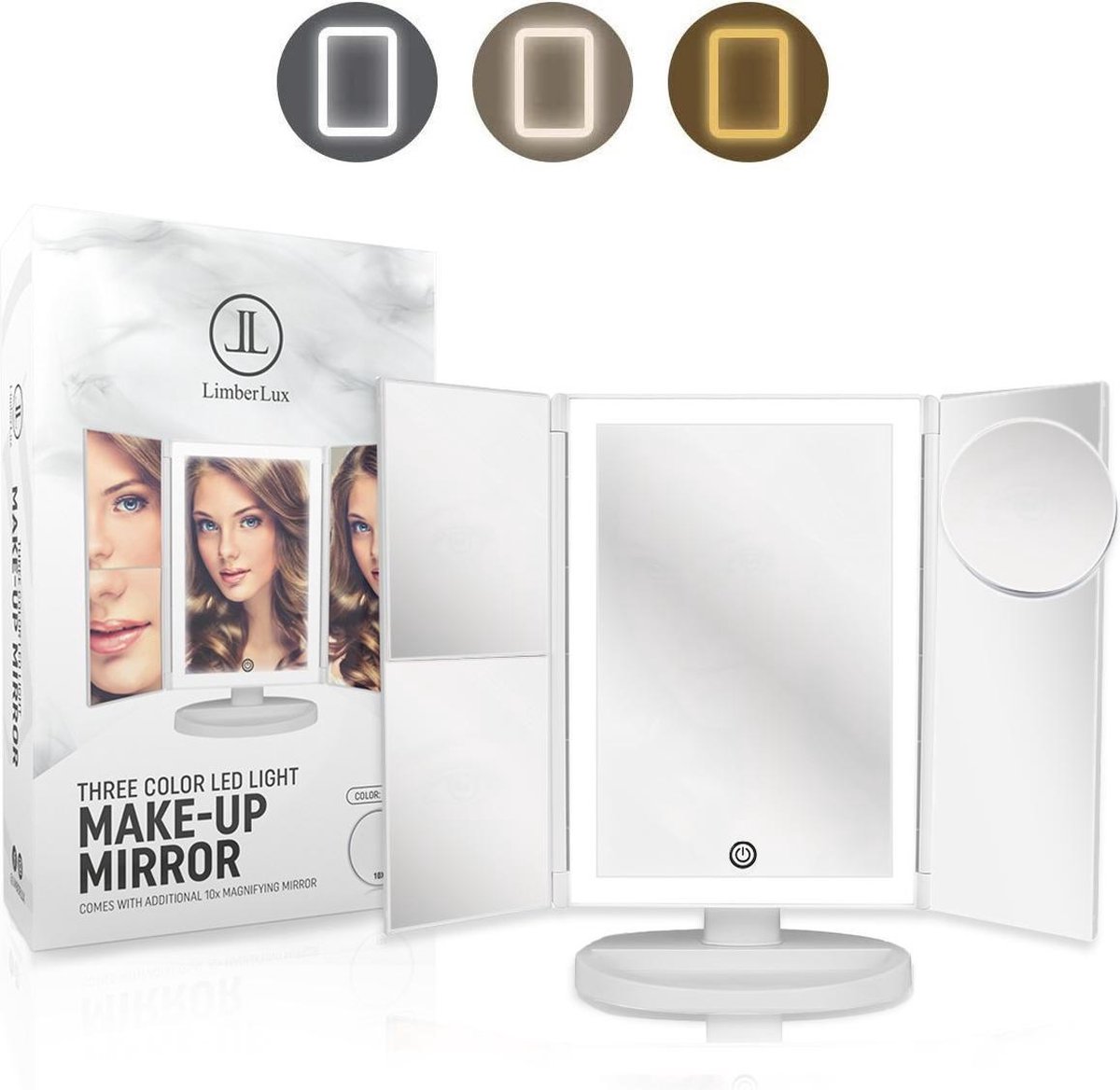 LimberLux make-up spiegel - 3 kleuren dimbaar LED verlichting - 4 vergrotingsfactoren - Inc. Batterijen - LimberLux
