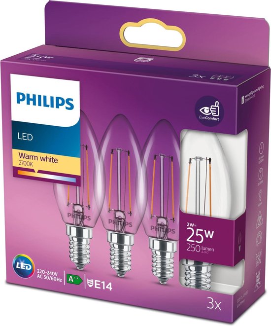 Philips energiezuinige LED Kaars Transparant - 25 W - E14 - warmwit licht - 3 stuks - Bespaar op energiekosten