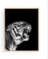 Poster Safari Tijger Brul - zwart / wit - 50x40cm - Safari Jungle Dieren - Muurdecoratie