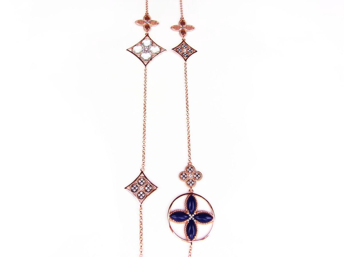 Lange zilveren collier halsketting roos goud verguld Model Inspired Beauty gezet met blauwe stenen
