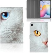 Hoesje met naam Geschikt voor Samsung Galaxy Tab S6 Lite | Tab S6 Lite 2022 Cover met Magneetsluiting Witte Kat