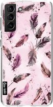 Casetastic Samsung Galaxy S21 Plus 4G/5G Hoesje - Softcover Hoesje met Design - Feathers Pink Print