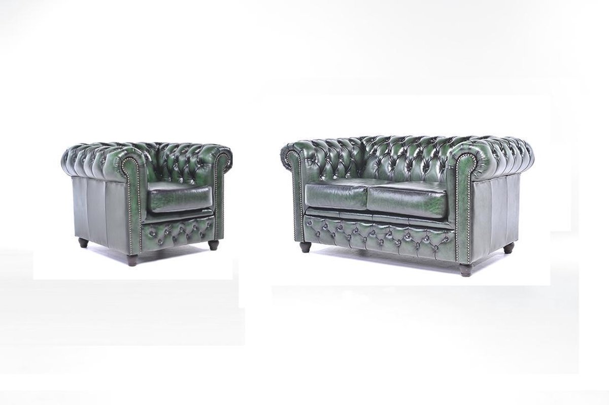 Chesterfield Bank Original Leer | 1 + 2 zits | Antiek Groen| 12 jaar garantie