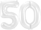 Folieballon Cijfer 50 Wit Metallic Mat - 86 cm