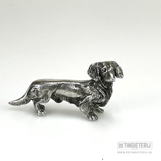 Beeldje Teckel - staand - langharige teckel - Tin - miniatuur teckel - Cadeau teckel - Unieke Hondenbeeldjes - Teckel beeld