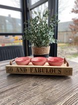 Hapjesbak (50 and fabulous) met 2 koperen handvatten  Inclusief 3 schaaltjes / serveerplank / cadeau / moederdag / vaderdag / verjaardag / Ff lekker genieten