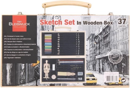 Boîte à dessin dans un coffret en bois de luxe - 88 pièces - set de dessin  - set de