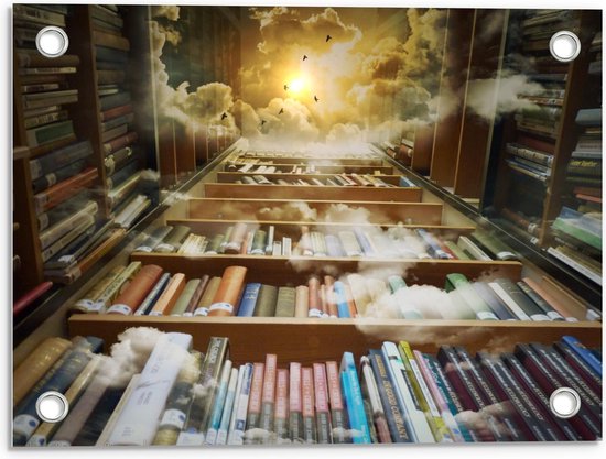 Tuinposter – Omringde Boekenkasten met Uitzicht omhoog - 40x30cm Foto op Tuinposter  (wanddecoratie voor buiten en binnen)