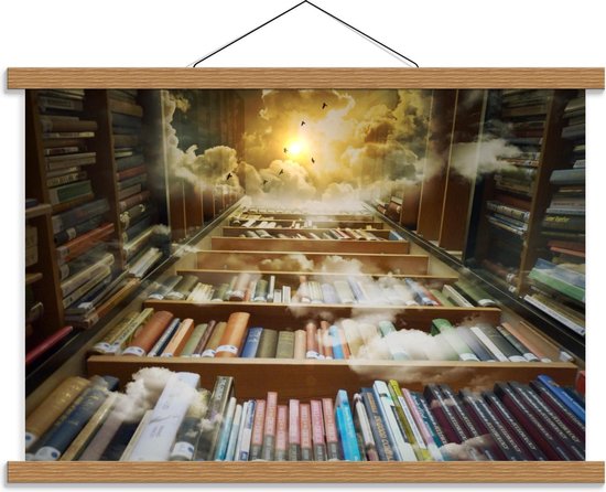 Schoolplaat – Omringde Boekenkasten met Uitzicht omhoog - 60x40cm Foto op Textielposter (Wanddecoratie op Schoolplaat)