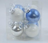 Kerstbal set 8 stuks: wit/blauw/zilver: Ø 4 cm: glas