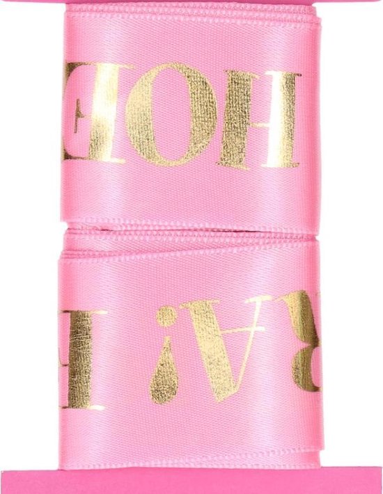 Roze lint - tekst goudkleurige letters Hoera een meisje! - lengte ca. 1.5 meter van Partydeco — afbeelding 3