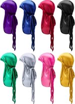 Durag - pakket met 8 zijdeachtige Durag-petten - elastische hoofddoeken met lange staart - zachte brede banden - hoofddoek voor dames / heren gunsten 8 kleuren