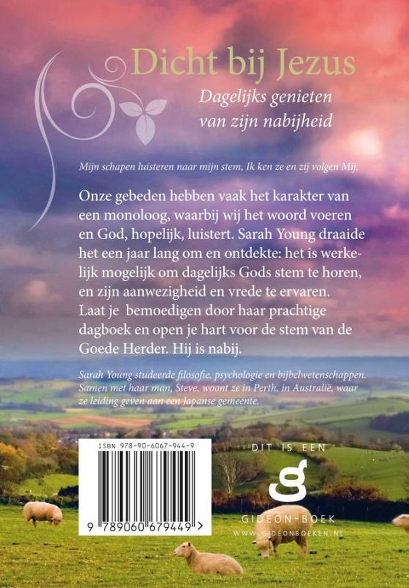 Achterkant van boekcover met lammetjes in een wei en tekst "Dicht bij Jezus".