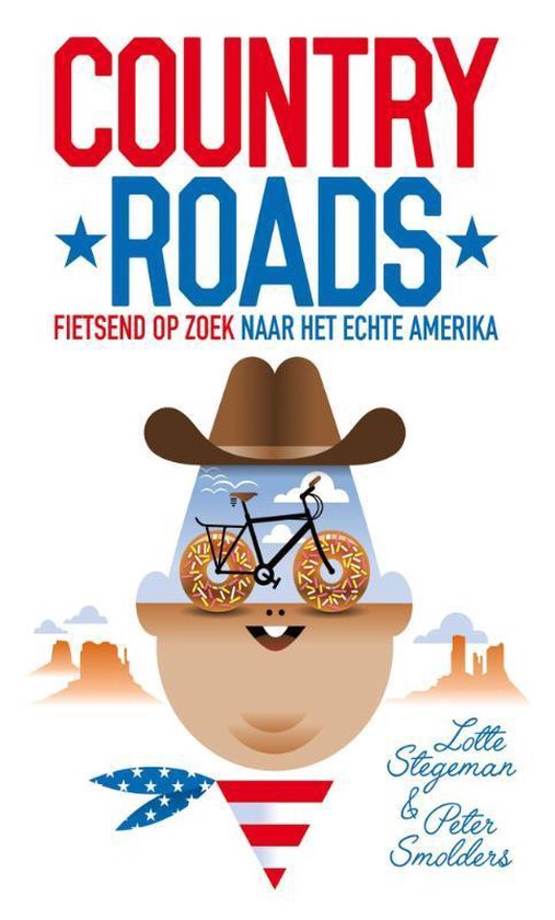 Boekomslag 'Country Roads' met een cartoon van een cowboyhoofd met fietswielen als ogen en donuts als wangen.