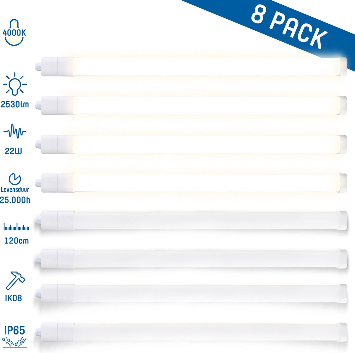 LED TL armatuur inclusief lampen - Waterdicht IP65 - Set van 8 LED balken - 22W - 120cm