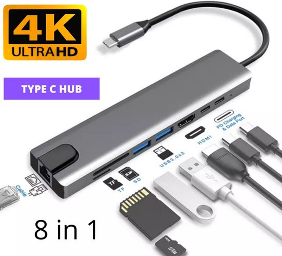 Bol Com 8 In 1 Usb C Hub Usb 3 0 Hub Compatible Met Apple Macbook Pro Air Imac Mac Mini