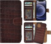 iPhone 12 Pro hoesje - Bookcase - Portemonnee Hoes 2in1 Uitneembaar Echt leer Wallet case Croco Bruin