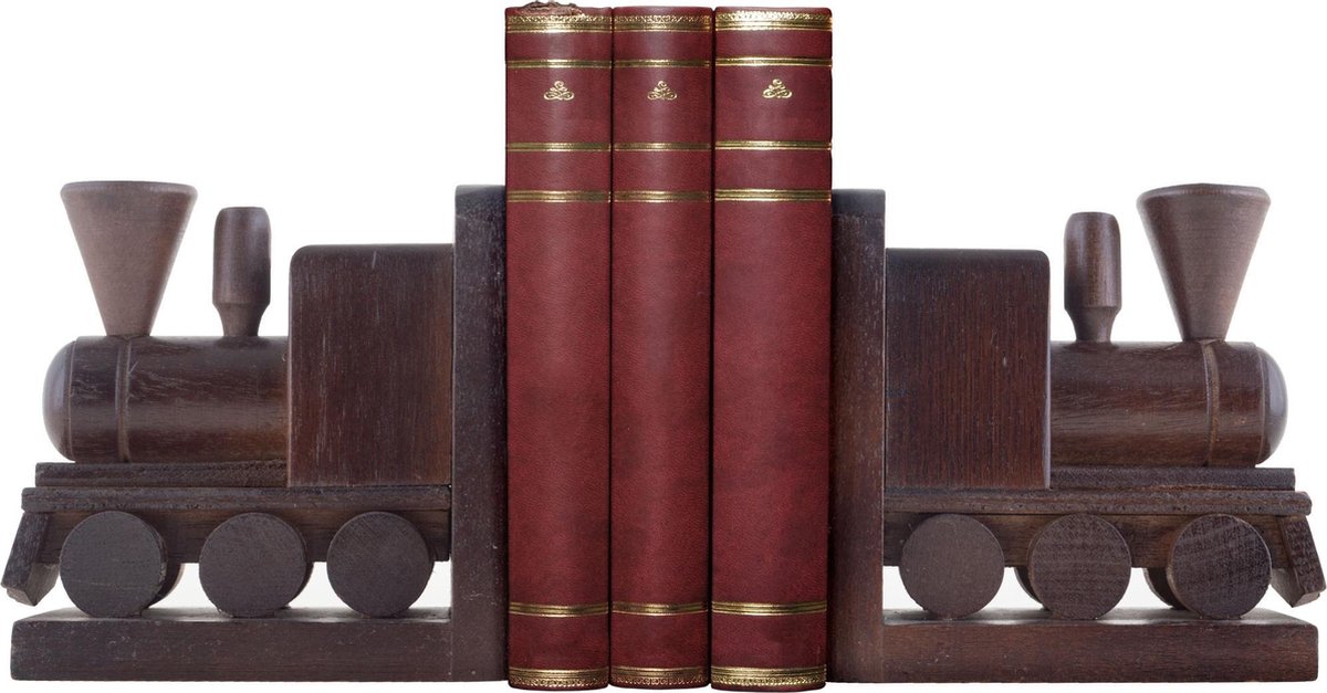 Boekensteun / boekenhouder set hout model TREIN locomotief - 2 stuks - 13 x 13 x 8.5 cm