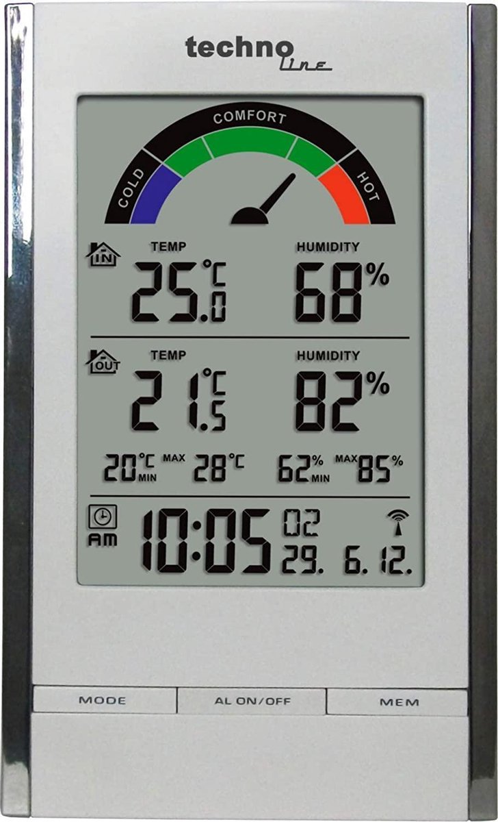 Weerstation - Buitensensor - Temperatuur en luchtvochtigheid - Radio gestuurde klok - Wekkerfunctie - Datum - Technoline WS 9480