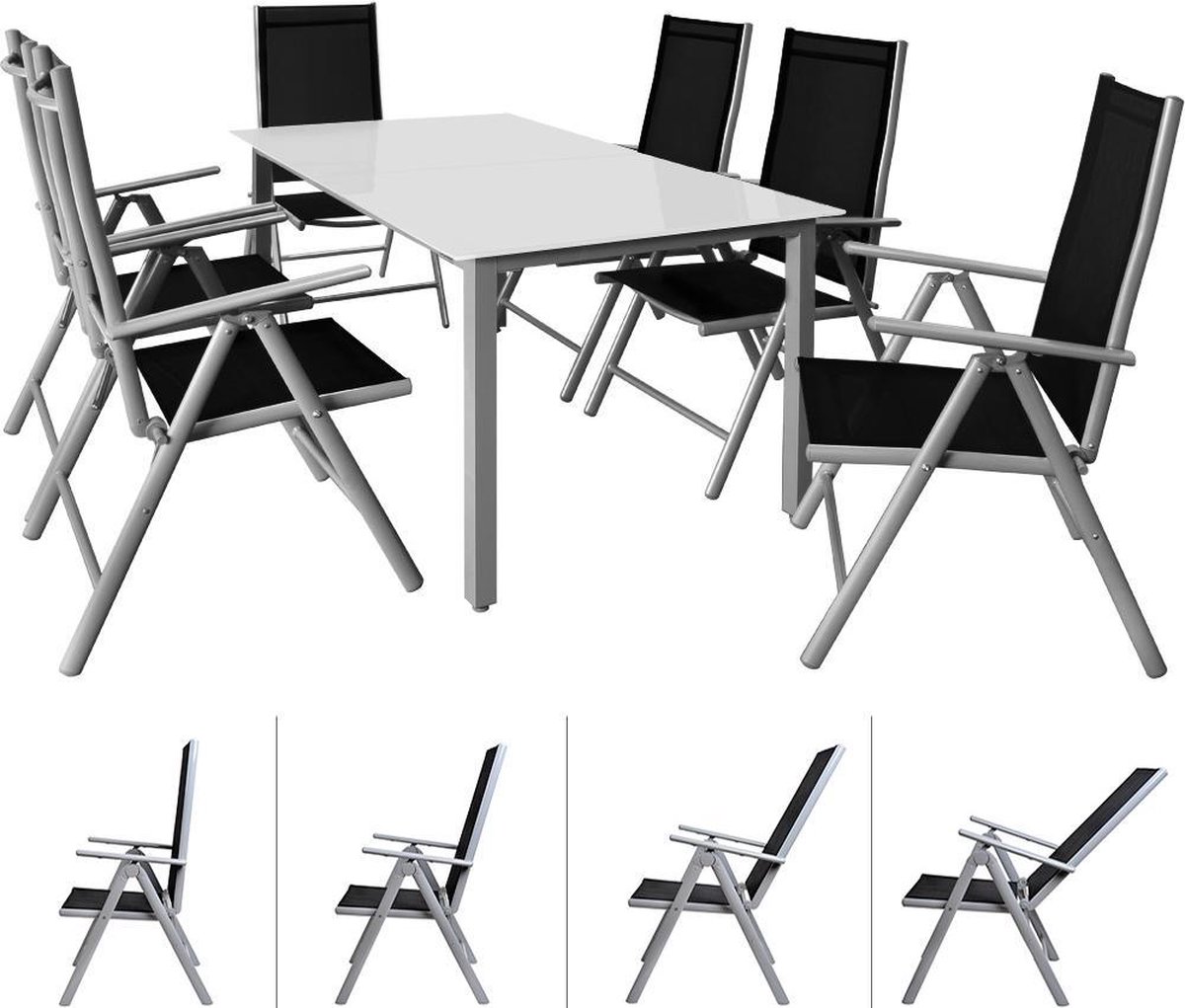Bol.com Casaria Tuinset Bern – 6 inklapbare Stoelen – 1 Tafel Aluminium – Zilver aanbieding