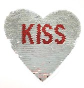 Reversible Paillette Hart Kiss Tekst Rode Mond XL Op Naai Patch 24 cm / 24.5 cm / Zilver Rood