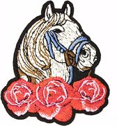 Paard Pony Rozen Strijk Embleem Patch 7 cm / 8.2 cm / Rood Roze Wit